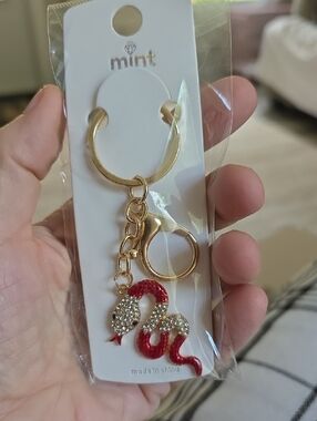 Mint Gold Keyring with Red & Clear Crystal Snake Charm